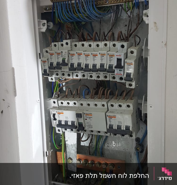 לוח חשמל עם מפסקים וחוטי חשמל צבעוניים
